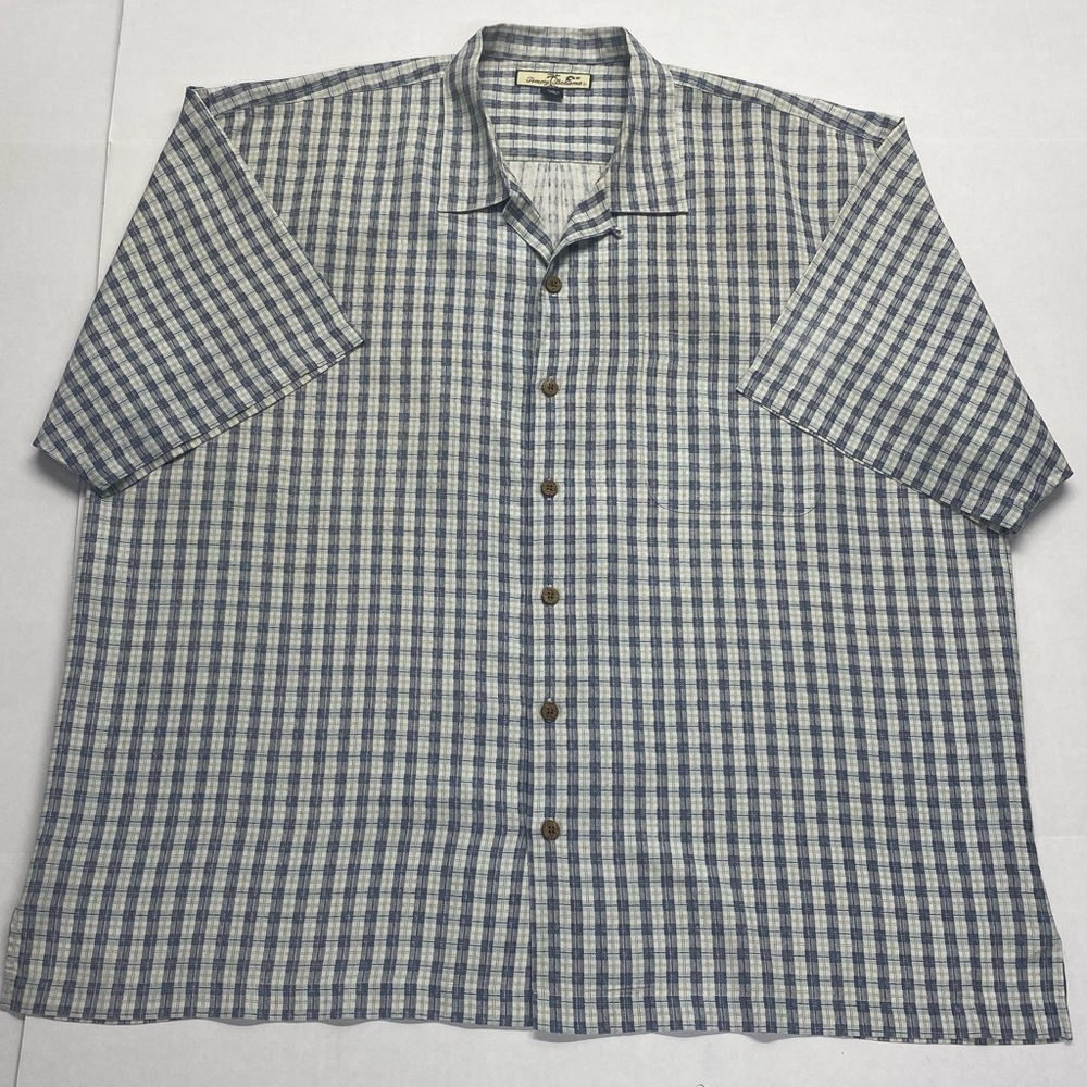 Tommy Bahama Men’s 100% Silk Shirt XXL Gray Plaid Side Slits